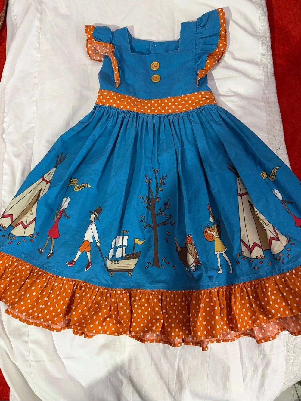 Eleanor Rose Girls Thanksgiving Turkey Pilgrim Boutique Dress Blue Orange